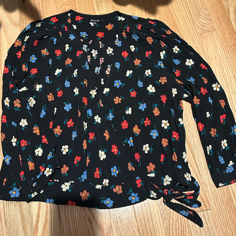Madewell Black Floral Tie-Hem 3/4 Sleeve Blouse